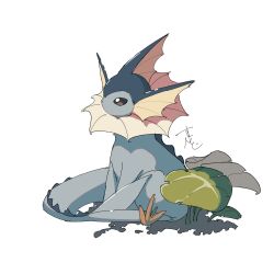  black_eyes commentary_request fins fish_tail from_side full_body head_fins highres no_humans no_mouth plant pokemon pokemon_(creature) pokemon_focus signature simple_background solo supiraji_penpen tail vaporeon white_background 