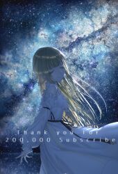  1girl backlighting bare_shoulders blonde_hair closed_eyes commentary detached_sleeves dress hanabusa_lisa hanabusa_lisa_(1st_costume) hanabusa_lisa_(artist) highres long_hair milky_way night outdoors sky sleeveless sleeveless_dress smile star_(sky) starry_sky virtual_youtuber vspo! white_dress 