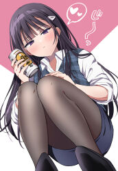  1boy beer_can black_hair black_shoes black_skirt blush brown_pantyhose can closed_mouth collared_shirt commentary_request crossdressing crossdressing_(mtf) drink_can expressionless heart highres holding holding_can long_hair looking_at_viewer male_focus miniskirt office_lady original pantyhose riku_(melty_drop) shirt shoes simple_background skirt sleeves_pushed_up solo spoken_heart squatting staring trap tsurime violet_eyes white_shirt 