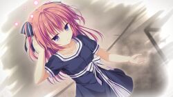  1girl blue_bow blue_dress blue_eyes bow closed_mouth collarbone da_capo da_capo_iv dress dutch_angle floating_hair from_above game_asset hair_bow hand_on_own_head highres long_hair monochrome_background multiple_hair_bows non-web_source outdoors outstretched_arm pink_hair sash self-datamine shirakawa_hiyori short_sleeves solo standing striped_clothes takano_yuki_(allegro_mistic) two_side_up white_bow white_sash 