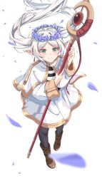  1girl absurdres black_pantyhose boots cane capelet closed_mouth commentary_request dress earrings elf flower frieren full_body green_eyes grey_hair highres holding jewelry long_hair long_pointy_ears long_sleeves looking_at_viewer pantyhose pointy_ears simple_background smile solo sousou_no_frieren staff standing twintails wand white_background white_capelet white_hair whitecatcat 