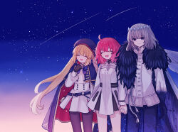  1boy 2girls ^_^ absurdres ahoge arthropod_limbs artoria_caster_(fate) artoria_caster_(second_ascension)_(fate) artoria_pendragon_(fate) black_gloves blonde_hair blue_cape blue_eyes cape closed_eyes closed_mouth commentary_request dress empty_eyes fate/grand_order fate_(series) fujimaru_ritsuka_(female) fujimaru_ritsuka_(female)_(decisive_battle_chaldea_uniform) gloves grey_hair hand_on_own_chest hand_up head_tilt highres holding_hands insect_wings koromo_(osakana0525) long_hair long_sleeves low_twintails medium_hair multiple_girls oberon_(fate) oberon_(third_ascension)_(fate) open_mouth shirt shooting_star sky smile star_(sky) starry_sky twintails very_long_hair white_dress white_shirt wings yakudo_trio 