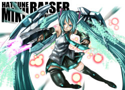  00_raiser 00_raiser_(cosplay) 1girl aqua_eyes aqua_hair aqua_nails aqua_necktie aqua_trim beam_rifle black_boots black_skirt boots character_name closed_mouth commentary_request cosplay energy_beam energy_gun firing gn_particles grey_shirt gun gundam gundam_00 hatsune_miku holding holding_gun holding_weapon long_hair mecha_musume nail_polish necktie shirt skirt sleeveless sleeveless_shirt solo thigh_boots twintails very_long_hair vocaloid watanore weapon 