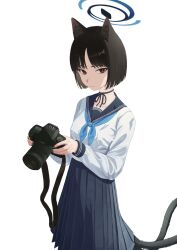  1girl absurdres animal_ears black_eyes black_hair black_ribbon blue_archive blue_halo blue_neckerchief blue_sailor_collar blue_skirt camera cat_ears closed_mouth cowboy_shot gradient_halo halo highres holding holding_camera kikyou_(blue_archive) looking_at_viewer looking_down multicolored_halo multiple_tails neck_ribbon neckerchief ribbon sailor_collar shirt short_hair simple_background skirt solo standing tail two_tails user_esyh2743 white_background white_shirt 