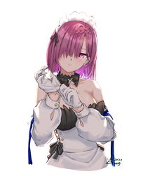  1girl :o absurdres artist_name as4gi azur_lane bangs bare_shoulders braid breasts collarbone dress eyebrows_visible_through_hair french_braid gloves hair_between_eyes hair_ornament hair_over_one_eye hairclip highres looking_at_viewer maid maid_headdress medium_breasts medium_hair penelope_(azur_lane) penelope_(salty_maid)_(azur_lane) purple_hair solo_focus upper_body violet_eyes white_background white_dress white_gloves 