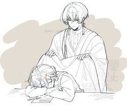  2boys blanket commentary covering_with_blanket earrings green_eyes haori happy_aura holding holding_blanket homework japanese_clothes jewelry kimono lineart long_sleeves male_focus maru_tamagoo multiple_boys oujin_(strange_eden) paper partially_colored pen sleeping sleeping_on_desk smile squeans strange_eden uzuki_hinata_(strange_eden) yellow_pupils 