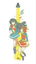  2girls aijo_karen arm_at_side belt belt_buckle black_boots black_hair blue_eyes blue_jacket blue_skirt boots bright_pupils broken broken_sword broken_weapon brown_eyes brown_hair buckle buttons closed_mouth commentary commission crown_hair_ornament dagger floating_hair full_body fur-trimmed_jacket fur_trim hair_ornament hand_up highres holding holding_dagger holding_knife holding_sword holding_weapon jacket kagura_hikari knee_boots knife long_hair long_sleeves looking_at_another looking_down looking_up miniskirt multicolored_jacket multiple_girls pleated_skirt profile red_jacket red_sash red_skirt sash shoujo_kageki_revue_starlight shoulder_sash single_horizontal_stripe skirt smile sparkle_hair_ornament spotlight sword tassel torn_clothes torn_jacket two-tone_jacket two_side_up untranslatable_commentary unworn_hair_ornament unworn_jacket very_long_hair vojaganto weapon white_background white_pupils yellow_belt 