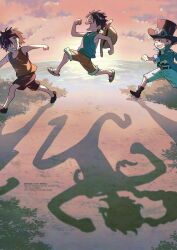  3boys ^_^ black_hair blonde_hair child closed_eyes commentary_request gear_fifth goggles goggles_on_headwear hamhamugi_mugi hat male_focus monkey_d._luffy multiple_boys one_piece portgas_d._ace sabo_(one_piece) shadow short_hair shorts straw_hat sunset 