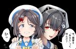  2girls black_background black_hair clenched_teeth dress eyebrows_visible_through_hair grey_eyes hair_between_eyes hair_ornament hairclip hat jingei_(kancolle) kaiboukan_no._30_(kancolle) kantai_collection long_hair multiple_girls open_mouth red_eyes revision sailor_dress sailor_hat short_hair simple_background speech_bubble teeth tk8d32 translation_request white_dress white_headwear x_hair_ornament 