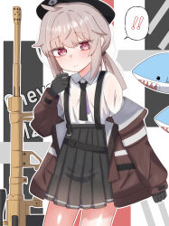  ! !! 1girl alternate_eye_color black_background black_gloves black_hat black_necktie black_skirt blush bolt_action brown_coat cheyanne_(girls'_frontline_2) cheytac_m200 coat collared_shirt commentary_request cowboy_shot cowlick flat_chest girls'_frontline_2:_exilium girls_frontline gloves grey_background grey_hair gun hair_between_eyes hair_tie hat high-waist_skirt highres long_hair looking_at_viewer low_ponytail m200_(girls'_frontline) magazine_(weapon) necktie open_clothes open_coat outline pleated_skirt ponytail red_background red_eyes rifle scope shirt short_necktie sidelocks skirt smile sniper_rifle solo speech_bubble standing stuffed_animal stuffed_shark stuffed_toy suspenders tesura_(teslamk2) thighs weapon weapon_name white_outline white_shirt 