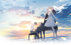  1boy 1girl aika_nanao black_pants black_shoes brown_eyes brown_hair clouds commentary_request doko_yori_mo_tooi_basho_ni_iru_kimi_e dress gradient_sky grand_piano horizon instrument key_visual official_art open_mouth outdoors pants piano piano_bench playing_instrument playing_piano promotional_art sandals shirt shoes sky sleeveless sleeveless_dress sunlight tsukigase_kazuki twilight white_dress white_shirt 