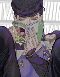  1boy beni_(96beni_) book commentary diamond_wa_kudakenai english_commentary gakuran heart higashikata_josuke holding holding_book jojo_no_kimyou_na_bouken male_focus manga_(object) mixed-language_commentary pompadour school_uniform solo violet_eyes 