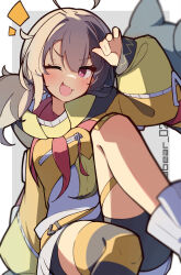  1girl :d ;d ahoge bandaid bandaid_on_knee bandaid_on_leg bike_shorts black_thighhighs blurry blush border brown_hair commentary_request depth_of_field double-parted_bangs feet_out_of_frame gigi_murin grey_background hair_between_eyes hair_intakes hand_up highres hololive hololive_english jacket knee_up long_hair long_sleeves looking_at_viewer low_twintails necktie notice_lines one_eye_closed open_mouth outside_border red_necktie simple_background single_thighhigh sitting smile solo striped_clothes striped_thighhighs tetenka thigh-highs twintails twitter_username virtual_youtuber white_border yellow_jacket yellow_thighhighs 