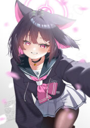  1girl absurdres animal_ears black_choker black_hair black_hoodie black_jacket blue_archive blunt_ends blush brown_pantyhose cat_choker cat_ears cat_girl cherry_blossoms choker collarbone colored_inner_hair commentary_request extra_ears falling_petals grin hair_ornament halo highres hood hoodie jacket kazama_gorou kazusa_(blue_archive) long_sleeves looking_at_viewer multicolored_hair neckerchief pantyhose petals pink_eyes pink_hair pink_neckerchief sailor_collar school_uniform selfie serafuku short_hair skirt smile solo teeth two-tone_hair watermark white_serafuku white_skirt 