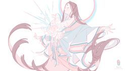  1girl absurdly_long_hair absurdres commentary flower halo highres japanese_clothes karaginu_mo kimono layered_kimono long_hair obijime oiran original pastel_colors peony_(flower) surie very_long_hair 