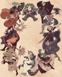  6+boys 6+girls absurdres anklet areadbhar_(fire_emblem) armor axe aymr_(fire_emblem) barefoot black_armor black_boots black_cape black_coat black_dress black_gloves black_shorts blonde_hair blue_cape blue_eyes book boots bow_(weapon) brown_background brown_hair brown_jacket brown_pants cape chimney_(chimney0311) circlet claude_von_riegan claude_von_riegan_(timeskip) cloak closed_eyes closed_mouth coat commentary dagger dark-skinned_male dark_skin dedue_molinaro dedue_molinaro_(timeskip) dimitri_alexandre_blaiddyd dimitri_alexandre_blaiddyd_(timeskip) dress edelgard_von_hresvelg edelgard_von_hresvelg_(timeskip) eyepatch failnaught_(fire_emblem) female_byleth_(awakened)_(fire_emblem) female_byleth_(fire_emblem) fire_emblem fire_emblem:_three_houses flayn_(fire_emblem) flower freikugel_(fire_emblem) fur-trimmed_cape fur_trim gloves green_eyes green_hair grey_gloves grey_pants grey_shirt hair_bun hair_flower hair_ornament hands_up headpiece high_heel_boots high_heels highres hilda_valentine_goneril hilda_valentine_goneril_(timeskip) holding holding_axe holding_bow_(weapon) holding_polearm holding_sword holding_weapon hubert_von_vestra hubert_von_vestra_(timeskip) hug hugging_own_legs interlocked_fingers jacket jewelry knee_boots knees_up knife lace lace_pantyhose long_hair looking_ahead looking_at_another looking_at_viewer male_byleth_(awakened)_(fire_emblem) male_byleth_(fire_emblem) medium_hair multiple_boys multiple_girls mystical_high_collar open_mouth own_hands_clasped own_hands_together pants pantyhose pink_eyes pink_hair pointy_ears polearm purple_hair red_cloak red_dress red_gloves rhea_(fire_emblem) seteth_(fire_emblem) shirt short_hair shorts sitting sleeves_past_wrists smile sothis_(fire_emblem) spear sword sword_of_the_creator two-sided_cape two-sided_fabric vambraces violet_eyes weapon white_dress white_flower white_gloves white_hair yellow_cape yellow_eyes yuri_leclerc yuri_leclerc_(timeskip) 
