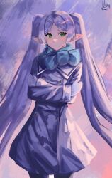  1girl absurdres blue_scarf closed_mouth coat commentary elf frieren gloves green_eyes highres keyv1q pointy_ears scarf sousou_no_frieren twintails white_coat white_gloves white_hair 