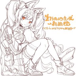  1girl angelina_(arknights) angelina_the_mellow_wish_(arknights) animal_ear_fluff animal_ears arknights boots brown_eyes chinese_commentary closed_mouth collar commentary_request detached_sleeves fox_ears fox_girl full_body hair_between_eyes hairband highres infection_monitor_(arknights) knees_up lineart long_hair long_sleeves looking_at_viewer monochrome simple_background sitting smile solo spot_color thigh-highs twintails very_long_hair yu_na_shenme_mizi 