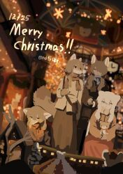  4girls absurdres animal_ears artist_name bag blue_scarf body_fur brown_bag brown_hair brown_jacket brown_tail christmas_tree english_text furry furry_female highres indoors jacket merry_christmas multiple_girls ndfrskr no_lineart orange_eyes orange_scarf original scarf warm_colors white_fur white_hair wolf_ears wolf_girl 