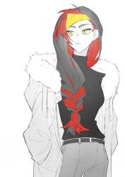  1girl alternate_costume black_hair black_sweater carmine_(pokemon) colored_inner_hair crossed_bangs fur_collar grey_pants hair_between_eyes hairband highres long_hair long_sleeves looking_at_viewer mole mole_under_eye multicolored_hair ofuton_1414 pants partially_colored pokemon pokemon_scarlet_and_violet red_hair simple_background solo standing sweater two-tone_hair upper_body white_background yellow_eyes yellow_hairband 