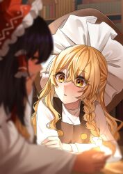  2girls absurdres ascot black_hat black_vest blonde_hair blurry blush book bookshelf bow braid brown_eyes brown_hair commentary_request depth_of_field detached_sleeves frilled_bow frilled_hair_tubes frills hair_between_eyes hair_bow hair_tubes hakurei_reimu hat highres izumi_no_yasushi_aya kirisame_marisa long_hair long_sleeves multiple_girls open_mouth red_bow ribbon-trimmed_sleeves ribbon_trim side_braid single_braid solo_focus touhou upper_body vest white_bow witch_hat yellow_ascot yellow_eyes yuri 