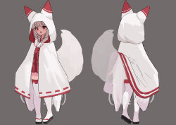  1girl absurdres animal_ears coat dodo24850918 fox fox_ears fox_girl full_body geta grey_hair hakama hakama_short_skirt hakama_skirt highres hood hooded_coat japanese_clothes kimono miko multiple_views open_clothes open_coat original red_eyes red_hakama shoes skirt solo tail white_hair white_kimono 