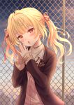  1girl bangs black_jacket blonde_hair blush bow cardigan chain-link_fence check_commentary clouds collared_shirt commentary_request eyebrows_visible_through_hair fence hair_intakes hair_ribbon head_tilt hoshikawa_sara jacket long_sleeves looking_away mizunashi_hayate nijisanji open_clothes open_jacket outdoors parted_lips pink_cardigan red_bow red_eyes red_ribbon ribbon school_uniform shirt sky sleeves_past_wrists solo steepled_fingers sunset twintails upper_body virtual_youtuber white_shirt 