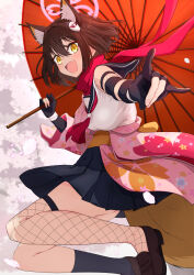  1girl animal_ear_fluff animal_ears blue_archive colored_inner_animal_ears eyeshadow fang fox_ears fox_girl fox_hair_ornament fox_shadow_puppet fox_tail gloves halo highres holding holding_umbrella izuna_(blue_archive) looking_at_viewer makeup menchi-men oil-paper_umbrella partially_fingerless_gloves pink_eyeshadow pink_halo pink_scarf scarf single_fishnet_legwear skin_fang smile solo tail umbrella 