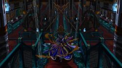  1girl absurdres alternate_costume armor blue_eyes blue_fire boots closed_mouth commentary dress epaulettes eye_trail fire frilled_dress frilled_hat frills full_body gauntlets hat heterochromia highres holding holding_sword holding_weapon indoors katana light_trail looking_at_viewer polearm purple_dress purple_hat red_eyes ribbon-trimmed_dress ribbon-trimmed_sleeves ribbon_trim rod_of_remorse shiki_eiki shoulder_armor smile solo stairs statue sword touhou water weapon white_boots wide_sleeves zhongxia_ye_zhi_meng 