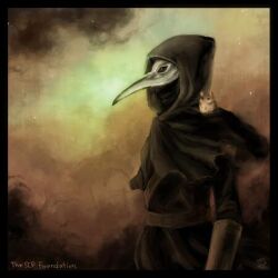 1boy 1other amamidori animal_humanoid avian avian_humanoid beak belt biped black_border black_hood black_smoke border carrying_another clothing countershade_torso countershading cricetid duo feral golden_hamster hamster humanoid male male_focus mammal rodent scp-049 scp-1616 scp_foundation
