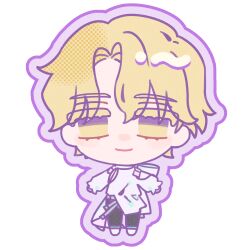 1boy alien_stage ametuji black_pants blonde_hair chibi chibi_only closed_mouth colored_eyelashes commentary_request full_body highres luka_(alien_stage) male_focus outline pants purple_outline shirt shoes short_hair smile solo very_short_hair white_background white_shirt white_shoes yellow_eyes 