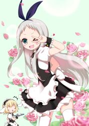  >_o 1boy 1girl :3 :d ;3 ;d ^^^ apron arm_up back_bow black_hairband black_ribbon black_vest black_wrist_cuffs blend_s blonde_hair blurry blurry_foreground blush bokeh bow center_frills collared_dress commentary_request cowboy_shot cup depth_of_field dress faceless faceless_female falling_flower falling_petals fleur_de_lapin_uniform floating_clothes floating_hair flower frilled_apron frilled_dress frills gochuumon_wa_usagi_desu_ka? green_background green_eyes grey_hair hairband heart highres holding holding_tray kirima_syaro long_hair looking_at_viewer mafu_makura maid_headdress male_focus neck_ribbon one_eye_closed open_mouth petals pink_flower pink_petals pink_rose puffy_short_sleeves puffy_sleeves ribbon rose short_dress short_sleeves small_sweatdrop smile solo_focus sparkle standing teacup thigh-highs trap tray turning_head v-shaped_eyebrows variant_set very_long_hair vest w w_over_eye waist_apron white_apron white_bow white_dress white_thighhighs wink_heart wrist_cuffs zettai_ryouiki 