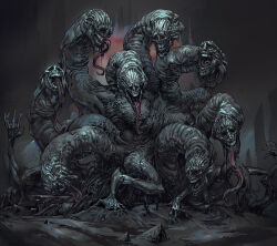  carpet_crawler commentary english_commentary extra_arms full_body grin highres horror_(theme) hydra long_tongue monster multiple_heads open_mouth original smile solo teeth tongue very_long_tongue 