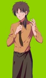  1boy apron black_apron brown_eyes brown_hair brown_necktie brown_shirt closed_mouth collared_shirt commentary_request cowboy_shot expressionless green_background hair_over_shoulder itou_kaiji level_6chan long_hair male_focus necktie scar scar_on_cheek scar_on_face scar_on_hand shirt simple_background solo tobaku_mokushiroku_kaiji waist_apron waiter 