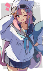 1girl :d ;d bandaid bandaid_on_leg bandaid_on_thigh blue_neckerchief blue_sailor_collar blue_skirt blue_streaks blush border bright_pupils buttons cardigan collarbone commentary_request cowboy_shot fang goggles goggles_on_head grey_background hand_up hat highres holding holding_stuffed_toy long_hair long_sleeves looking_at_viewer miniskirt multicolored_hair neckerchief notice_lines one_eye_closed open_mouth original outside_border pink_hair pink_thighhighs pleated_skirt red_eyes sailor_collar salute school_uniform serafuku simple_background single_thighhigh skin_fang skirt smile solo streaked_hair stuffed_animal stuffed_shark stuffed_toy tetenka thick_eyebrows thigh-highs twitter_username two-finger_salute white_border white_cardigan white_hat white_pupils 