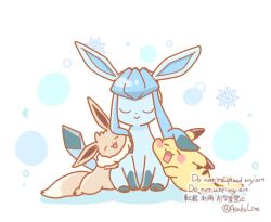  asakoline closed_eyes closed_mouth commentary_request eevee glaceon lying no_humans open_mouth pikachu pokemon pokemon_(creature) pokemon_focus sidelocks sitting smile snowflakes sparkle twitter_username white_background 