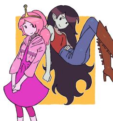  2girls adventure_time black_hair boots breasts brown_boots colored_skin commentary crossed_legs denim dress english_commentary floating grey_skin high_heel_boots high_heels highres jacket jeans long_hair looking_at_another marceline_abadeer medium_breasts multiple_girls orock_miani outline pants pink_dress pink_hair pink_jacket pink_skin pointy_ears ponytail princess_bonnibel_bubblegum red_shirt shirt shirt_tucked_in sleeveless sleeveless_shirt tiara very_long_hair white_outline 