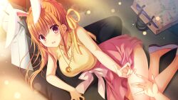  1boy 2girls animal_ears arm_rest bag belt black_pants blush bow braid breasts brown_belt da_capo da_capo_iv fallen_down from_above game_asset green_vest hair_ribbon head_out_of_frame highres jacket jewelry long_hair looking_at_another lying multiple_girls non-web_source nose_blush on_ground on_side open_clothes open_jacket open_mouth orange_hair oumi_sorane outdoors outstretched_arm palms pants pendant pink_bow pink_eyes pink_skirt purple_shoes rabbit_ears ribbon road self-datamine shoes shopping_bag skirt sleeveless sleeveless_sweater street sweatdrop sweater tanihara_natsuki vest white_jacket yellow_ribbon yellow_sweater 