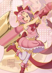 1girl alternate_costume artist_name axe battle_axe boots bow commentary feet_out_of_frame foot_up_heel_up forehead_jewel gloves hair_bow haruno_sakura high_heel_boots high_heels highres holding holding_weapon huge_weapon ireleglitter magical_girl mahou_shoujo_madoka_magica midriff midriff_peek miniskirt naruto_(classic) naruto_(series) navel open_mouth parody red_boots red_bow red_gloves short_hair skirt smile solo soul_gem_(madoka_magica) standing standing_on_one_leg thighhighs v-shaped_eyebrows watermark weapon white_thighhighs zettai_ryouiki zoom_layer