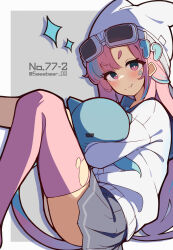  1girl blue_sailor_collar blue_streaks blush border bright_pupils closed_mouth commentary_request drop_shadow fang fang_out feet_out_of_frame goggles goggles_on_head grey_background grey_skirt hat highres holding holding_stuffed_toy long_hair long_sleeves looking_at_viewer miniskirt multicolored_hair original outside_border pink_eyes pink_hair pink_thighhighs pleated_skirt sailor_collar school_uniform serafuku sidelocks simple_background sitting skin_fang skirt smile solo sparkle streaked_hair stuffed_animal stuffed_shark stuffed_toy sweater tetenka thick_eyebrows thigh-highs torn_clothes torn_thighhighs twitter_username v-shaped_eyebrows white_border white_hat white_pupils white_sweater 