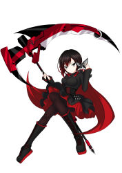  1girl absurdres animal_on_shoulder black_boots black_hair black_leggings boots breasts cape commentary_request dog frilled_skirt frills gradient_hair highres leggings long_sleeves medium_breasts medium_hair miniskirt multicolored_boots multicolored_hair nepsuka_(hachisuka) red_boots red_cape red_hair ruby_rose rwby scythe shoelaces simple_background skirt solo_focus white_background 