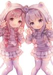  2girls :d animal_ears animal_hood animal_print backlighting braid brown_hair chinese_zodiac chitosezaka_suzu claw_pose drawstring fake_animal_ears feet_out_of_frame grey_hair grey_hoodie hair_over_shoulder hands_up hood hood_up hoodie knees_together_feet_apart long_hair long_sleeves looking_at_viewer low_twintails multiple_girls original pom_pom_(clothes) print_hoodie red_eyes simple_background smile tail thigh-highs tiger_ears tiger_hood tiger_print tiger_tail twin_braids twintails very_long_hair violet_eyes white_background white_legwear year_of_the_tiger 
