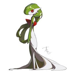  alternate_hair_length_(longer) colored_skin dress from_side full_body gardevoir green_hair green_skin highres long_hair looking_at_viewer multicolored_skin no no_humans open_mouth pokemon pokemon_(creature) pokemon_focus profile red_eyes signature simple_background solo standing supiraji_penpen two-tone_skin white_background white_dress white_skin 