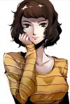  1girl bangs breasts brown_eyes brown_hair collarbone highres horizontal_stripes kawakami_sadayo lips looking_at_viewer nose persona persona_5 pertex_777 scoop_neck shirt short_hair small_breasts smile solo standing striped striped_shirt upper_body white_background 
