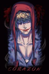  1boy black_background blonde_hair character_name cigarette coat coat_on_shoulders collarbone commentary donquixote_rocinante fur_coat heart heart_print highres lipstick makeup male_focus one_piece print_shirt pur_ple02imo red_hood red_lips shirt short_hair solo straight-on untranslatable_commentary upper_body white_shirt 