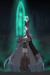  1girl absurdly_long_hair absurdres alternate_costume aqua_halo aris_(blue_archive) ascot black_halo black_hat black_vest bloodborne blue_archive blue_eyes boots brown_boots brown_pants closed_mouth coat commentary_request grey_coat hair_between_eyes halo hat highres knee_boots korean_commentary long_hair looking_at_viewer moonlight_greatsword one_side_up open_clothes open_coat pants solo very_long_hair vest white_ascot yoon_poodle 