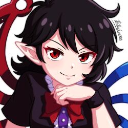  1girl asymmetrical_wings black_dress black_hair blue_wings bow bowtie closed_mouth commentary dress highres houjuu_nue looking_at_viewer medium_hair pointy_ears red_bow red_bowtie red_eyes red_wings shgngzhngdeyti1 short_sleeves simple_background smile solo touhou upper_body white_background wings 