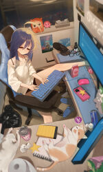  1girl :< absurdres aged_up ahoge black_shorts blue_hair bottle cat chair character_request charger clock closed_eyes collarbone computer computer_keyboard computer_mouse copyright_request digital_clock energy_drink gaming_chair glass highres hikimori_1 himouto!_umaru-chan indoors izumi_konata kimi_no_na_wa. knees legs_on_table long_hair lucky_star messy_room microphone milk_bottle monitor notebook off-shoulder_shirt off_shoulder on_chair paper parted_lips phone poster_(object) shirt short_shorts shorts sitting sleepy slippers star_(symbol) strap swivel_chair thick_eyebrows tissue_box trash_bag white_shirt 