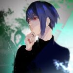  1boy bangs blue_hair blue_sweater commentary_request green_background grey_background hand_on_own_chin hand_up kyuuba_melo long_sleeves looking_to_the_side male_focus multicolored_background red_eyes solo sweater thinking tokyo_ghoul tsukiyama_shuu upper_body 