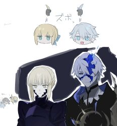 1boy 2girls ahoge antenna_hair armor armored_dress artist_name artoria_pendragon_(fate) black_armor black_dress black_robe black_sclera blonde_hair blue_bow blue_eyes blue_fire bow braid braided_bun breastplate closed_mouth colored_sclera cracked_skin crossed_bangs dress empty_eyes expressionless fate/stay_night fate/unlimited_blade_works fate_(series) fire flying_sweatdrops gauntlets grabbing_another's_hair green_eyes grey_hair hair_between_eyes hair_bow hair_bun half-closed_eyes head_only highres holding_another's_hair honkai:_star_rail honkai_(series) hooded_robe juliet_sleeves long_hair long_sleeves looking_afar looking_at_another looking_at_viewer multiple_girls multiple_views nervous nervous_sweating open_mouth pale_skin phainon_(flame_reaver)_(honkai:_star_rail) phainon_(honkai:_star_rail) puffy_sleeves robe saber_(fate) saber_(honkai:_star_rail)_(fate) saber_alter saber_alter_(fate/stay_night) short_hair sidelocks simple_background smile stelle_(honkai:_star_rail) sweat trailblazer_(honkai:_star_rail) umenoume upper_body violet_eyes white_background yellow_eyes yellow_pupils 